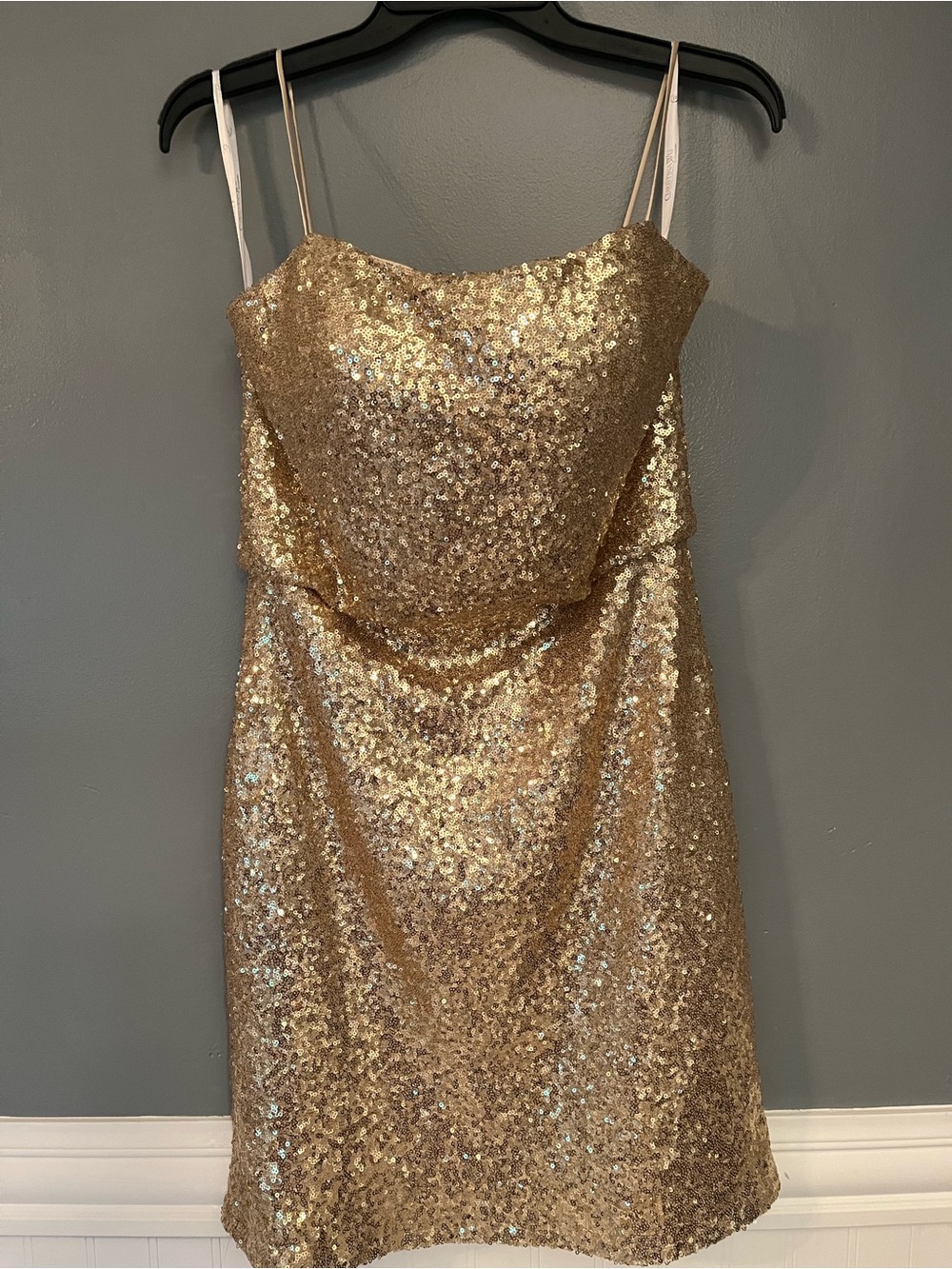 Christina Wu Gold Sequin Mini Dress with Spaghetti Straps